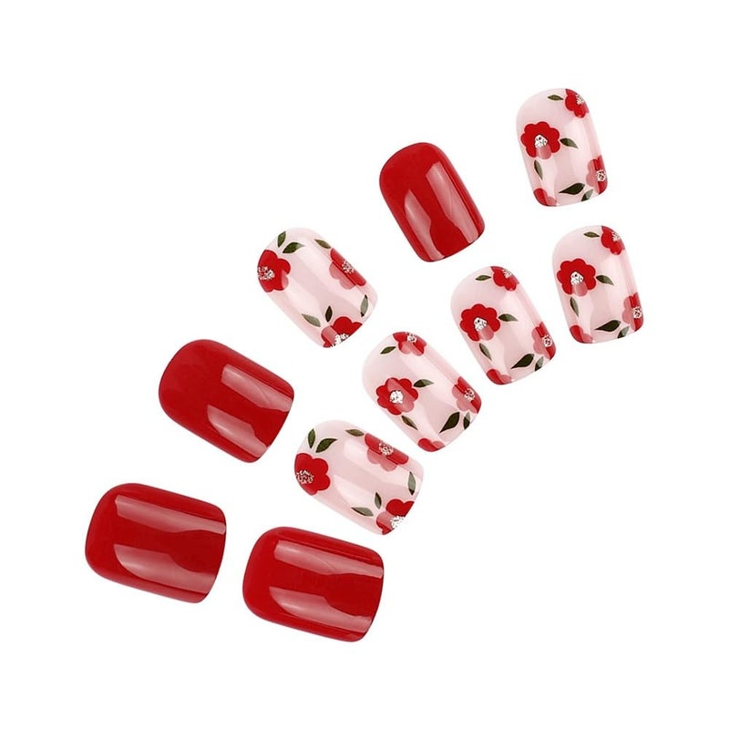 CTTHNBD Short Press on Nails Square - Red Fake Nails with Cute Flower Design - Solid Color Full Cover Glossy Stick on Nails for Women - 24 Pcs - Image 3